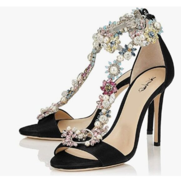 XYD Black T-Strap Bejeweled Crystal Sandals Open Toe Evening High Heels Shoes - Picture 1 of 8